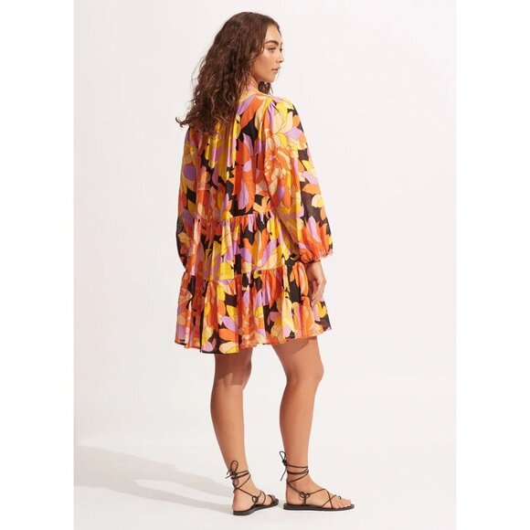 Seafolly Womens Floral Long Sleeve Palm Spring Tier Swing Dress Black S/M NWT - Picture 2 of 16